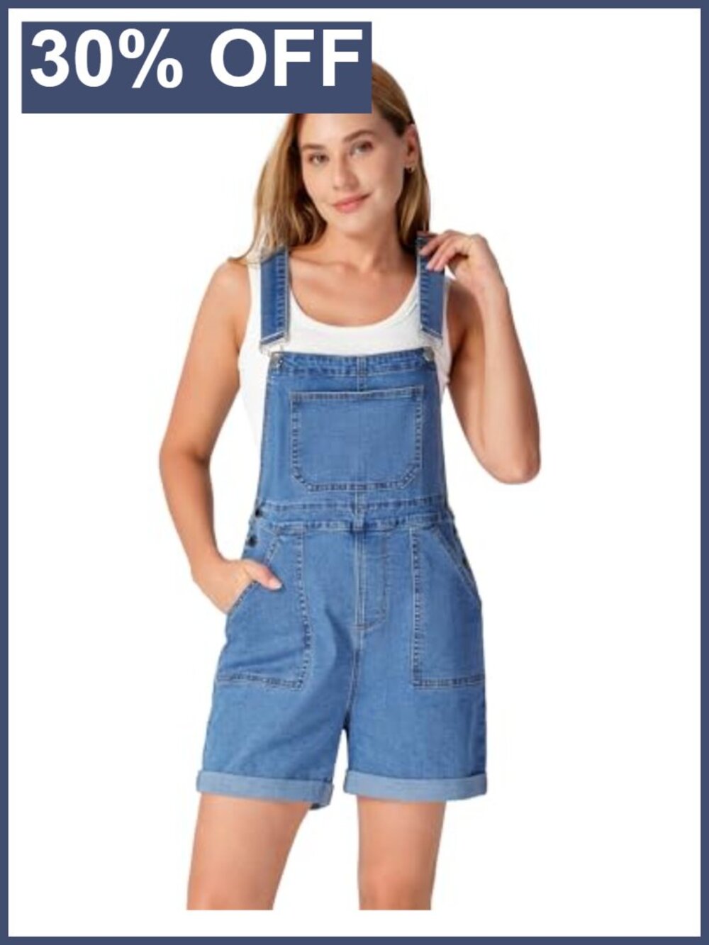 Denim Overall Shorts Cotton Polyester Elastane Adjustable Strap Cuffed Casual